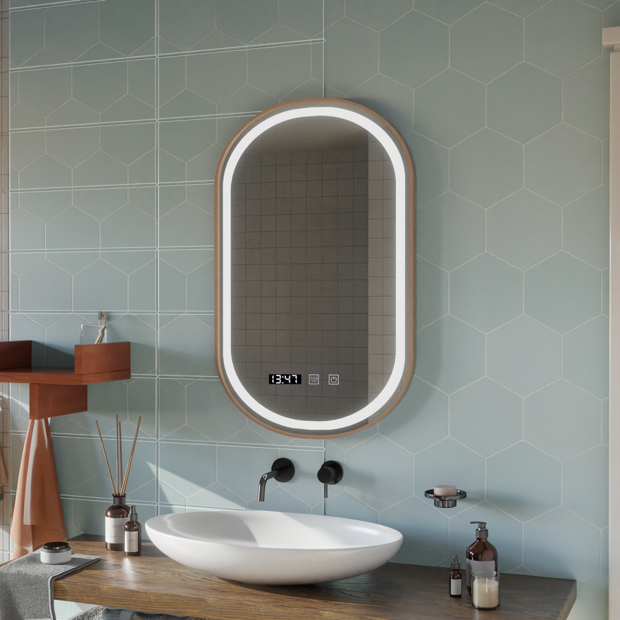 Lustro Konrad Touch LED z systemem przeciwmgielnym, zegarem i temperaturą 50x80 cm Rama w kolorze szczotkowanego złota