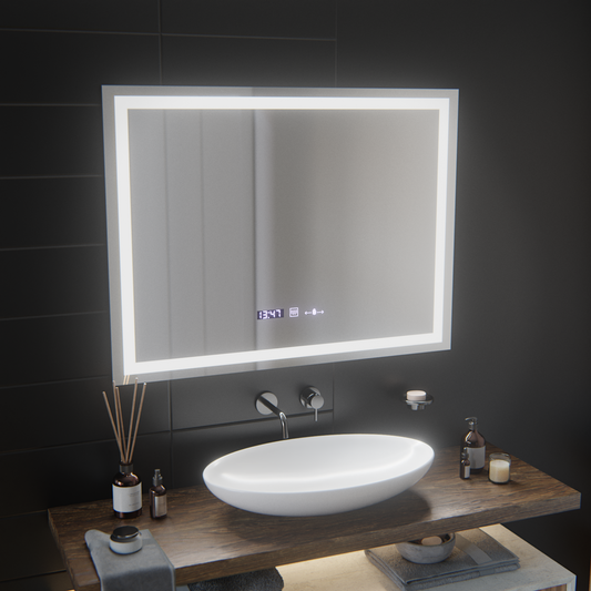 Prostokątne lustro LED, 100x75 cm, Verite MotionGlow Marcello, system przeciwmgielny, zegar i termometr, ściemnialne