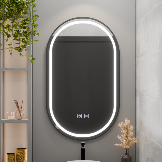 Owalne lustro LED 60x100cm VETRO Touch przyciemniany system odmgławiacza, czarna ramka Lustra Korman E Domyślny tytuł Alessandro Design