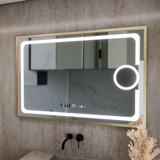 Lustro LED prostokątne 50x70cm Eclat MotionGlow Marcello System przeciwmgielny Zegar i termometr Ściemnialna lupa kosmetyczna