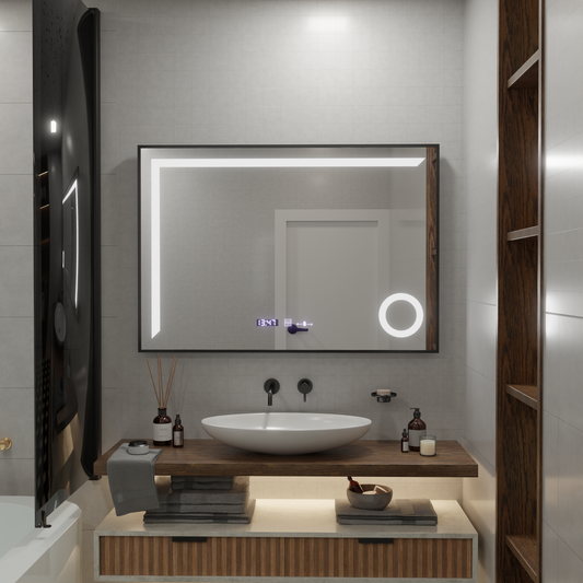 Lustro z czujnikiem ruchu LED Sofia z funkcją odmgławiania, termometr, zegar, 110x65 cm, ściemnialne, ciepłe/zimne/neutralne światło, szczotkowana rama w kolorze różowego złota, kolekcja Marcello Funghi