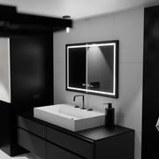 Prostokątne lustro LED, 100x80cm, Verite Majeste Noir MotionGlow Marcello, system przeciwmgielny, zegar i termometr, ściemnialne