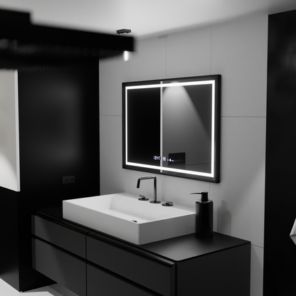 Prostokątne lustro LED, 100x80cm, Verite Majeste Noir MotionGlow Marcello, system przeciwmgielny, zegar i termometr, ściemnialne