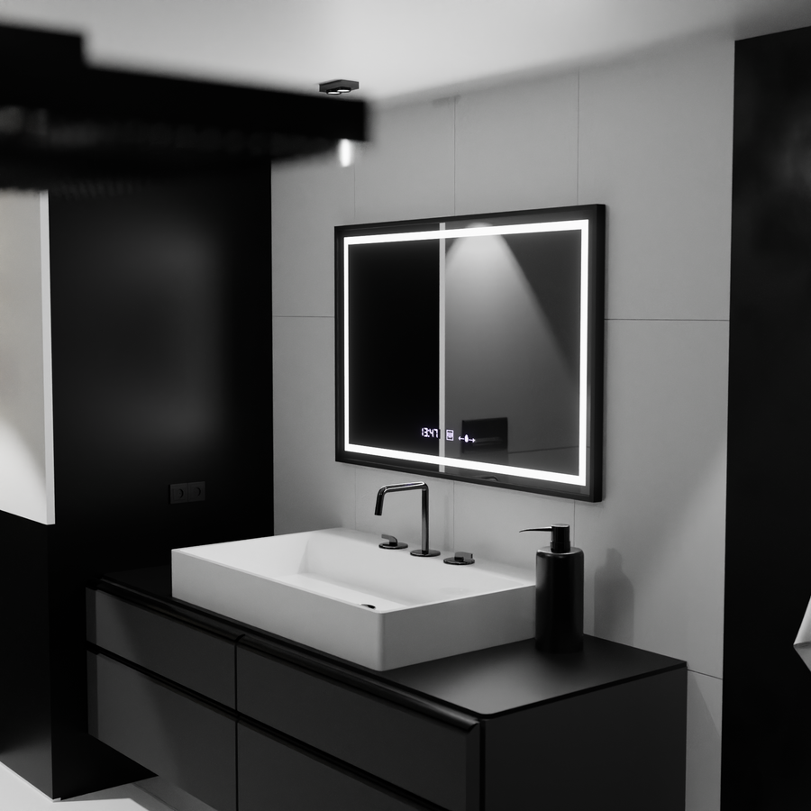 Prostokątne lustro LED, 100x80cm, Verite Majeste Noir MotionGlow Marcello, system przeciwmgielny, zegar i termometr, ściemnialne