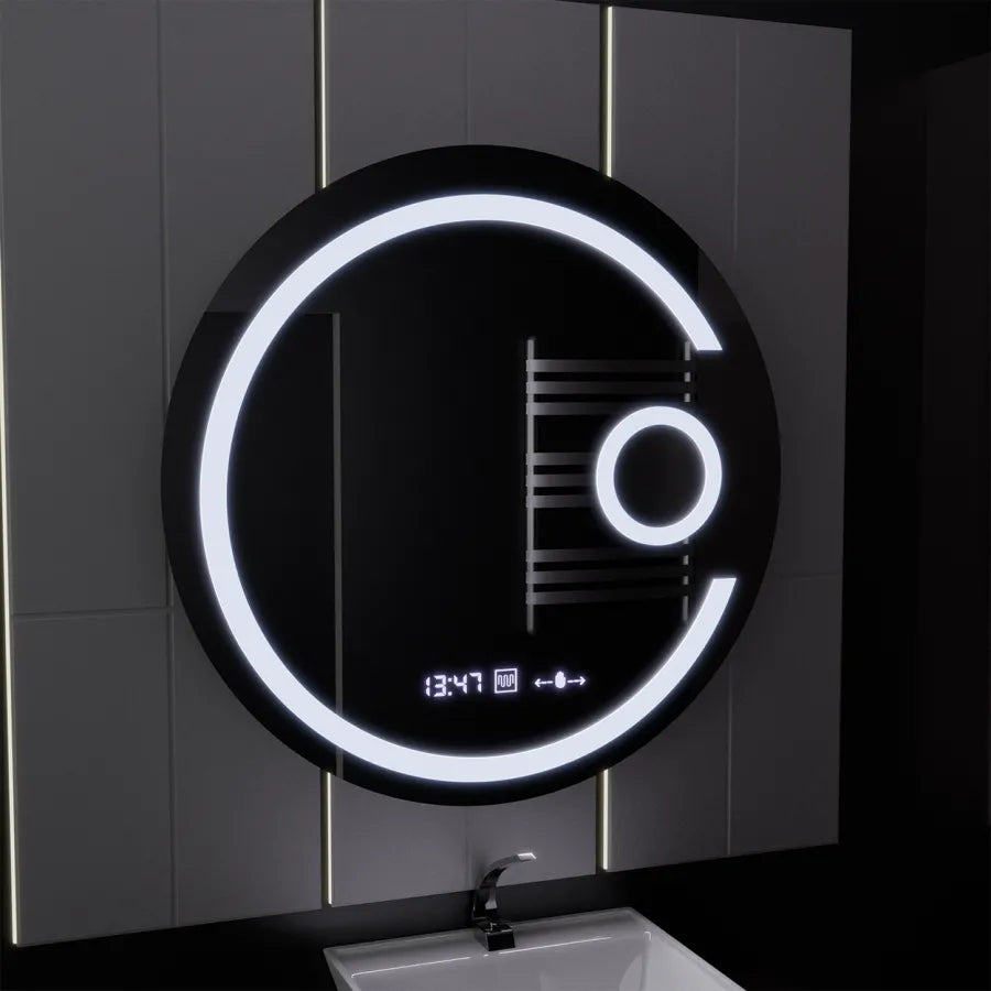 Okrągłe lustro LED 70 cm Visio MotionGlow Marcello Defog System Zegar i termometr Ściemnialna lupa kosmetyczna 
