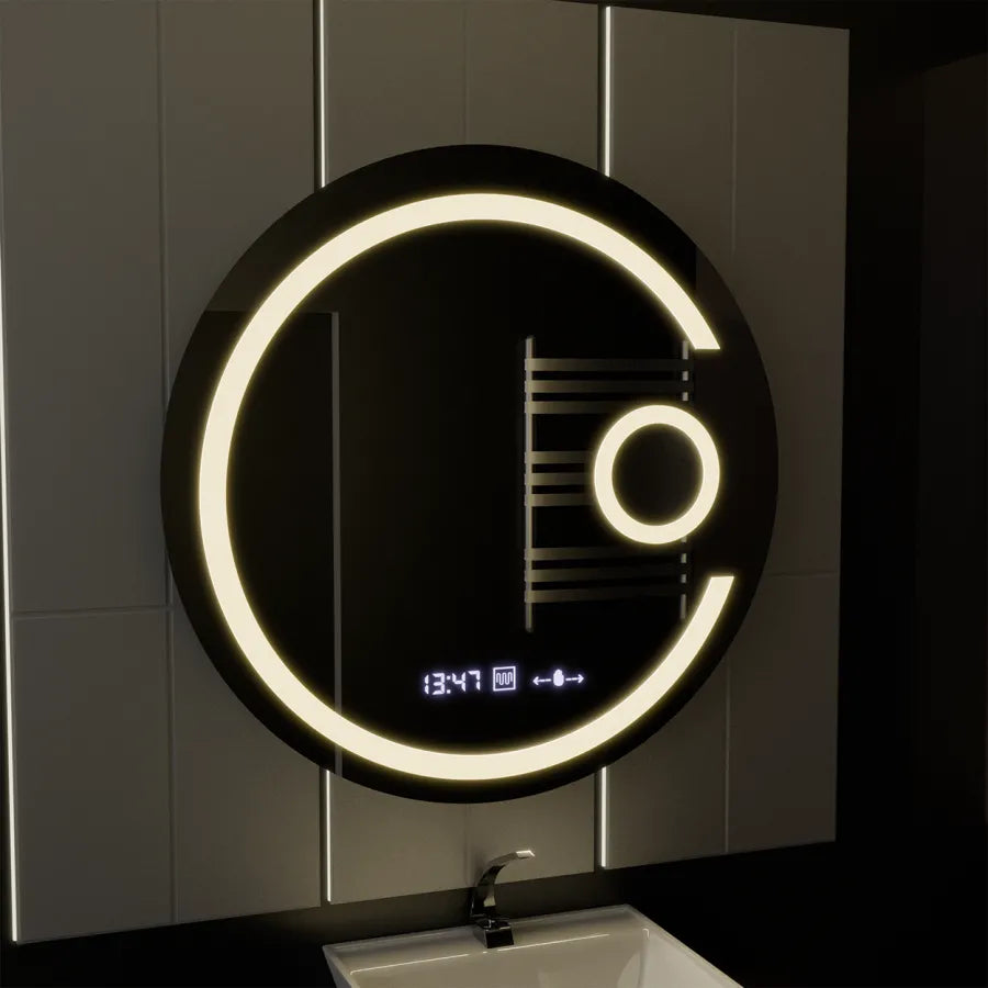 Okrągłe lustro LED 70 cm Visio MotionGlow Marcello Defog System Zegar i termometr Ściemnialna lupa kosmetyczna 