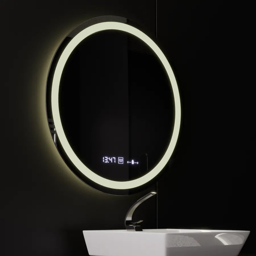 Okrągłe lusterko LED, 80 cm, Celeste Motionglow Marcello, system rozmrażania, zegar i termometr,
