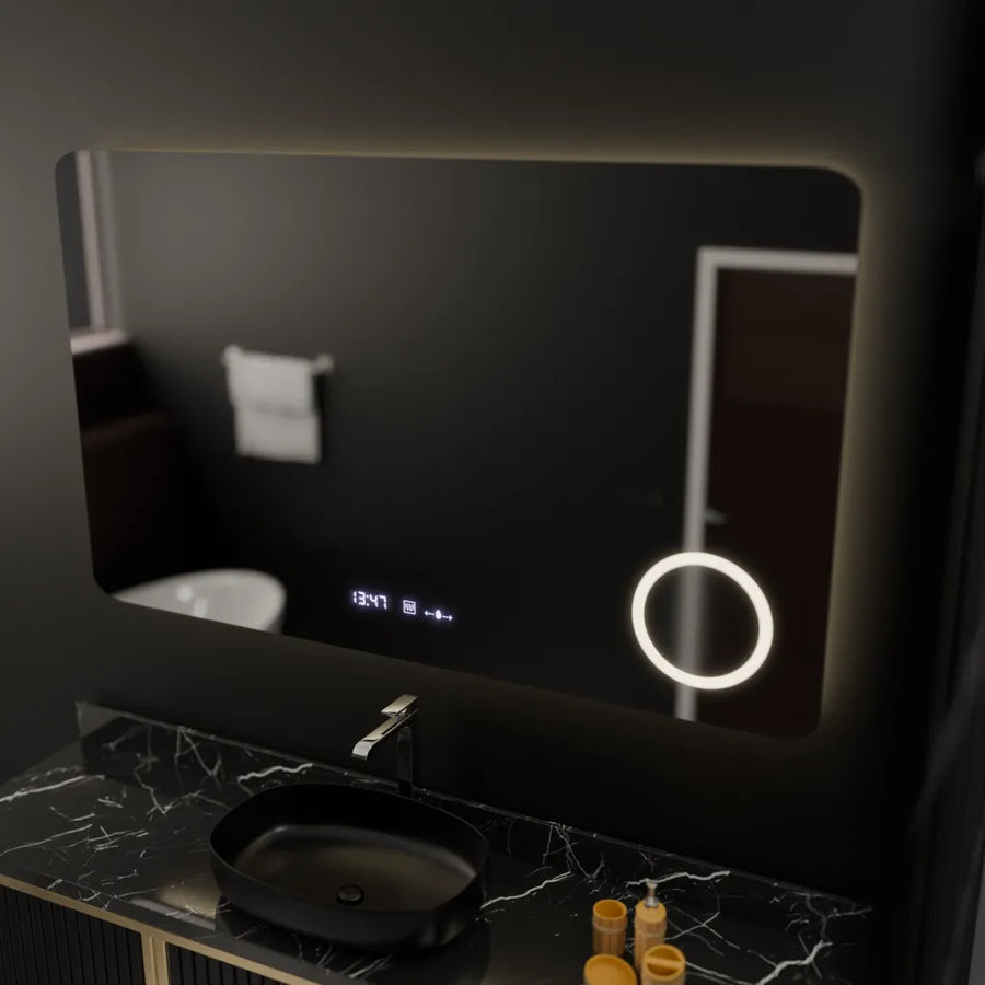 Prostokątne lustro LED, 100x60 cm, Celeste MotionGlow Marcello, system przeciwmgielny, zegar i termometr, lupa kosmetyczna, ściemnialna 