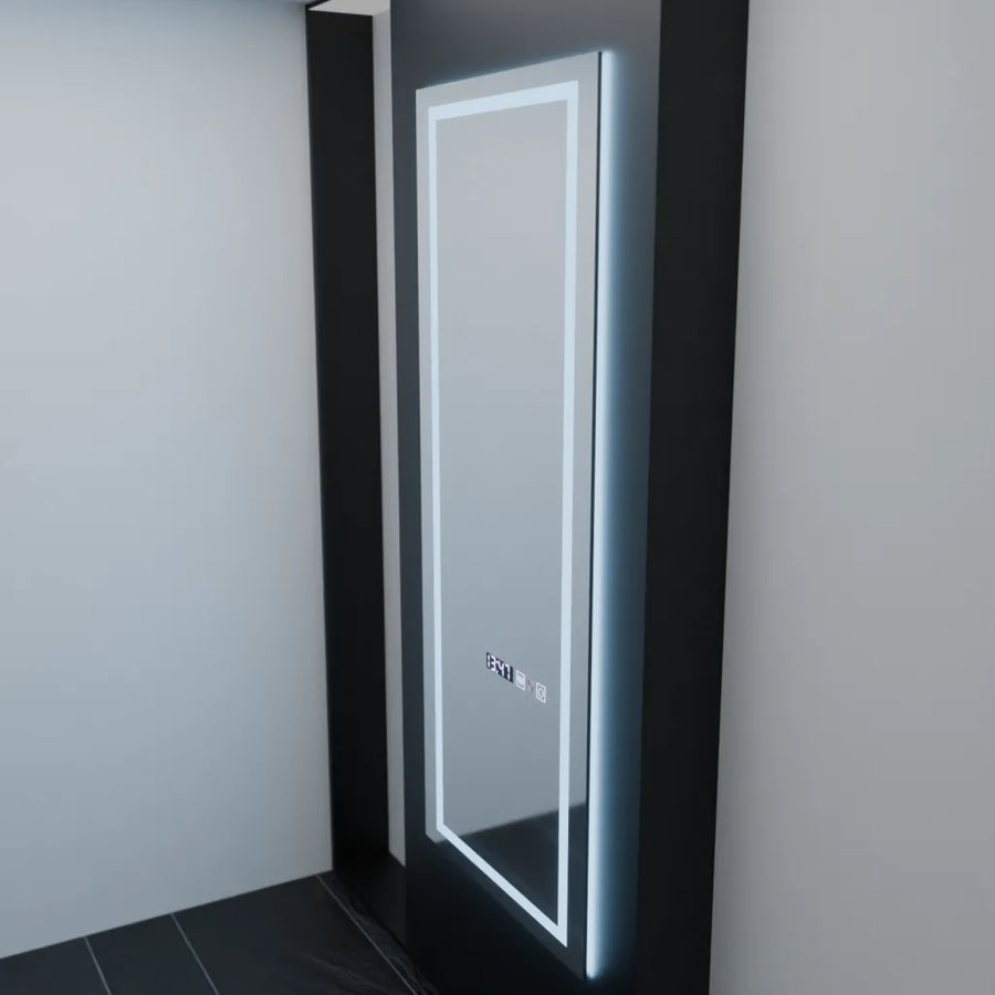 Prostokątne lustro LED, 60x150 cm, czujnik radarowy Alessia Marcello, system przeciwmgielny, zegar i termometr, ściemnialne, Dressing Couture 