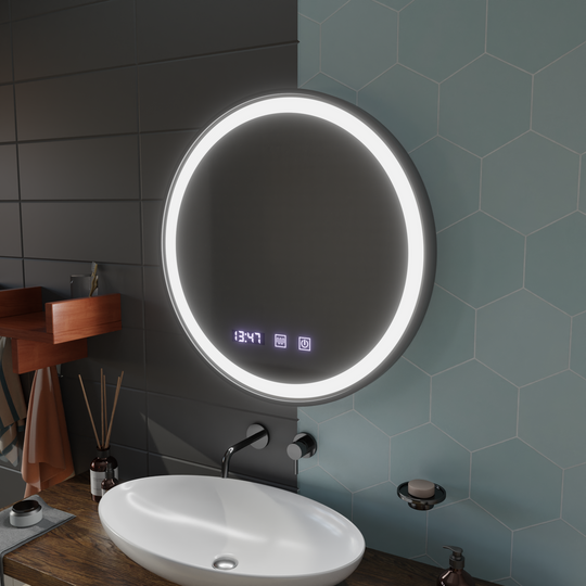 Lustro dotykowe LED NOVARA System odmgławiania, zegar i temperatura 70 cm Czarna rama Szczotkowane lustra Korman S Domyślny tytuł Alessandro Design