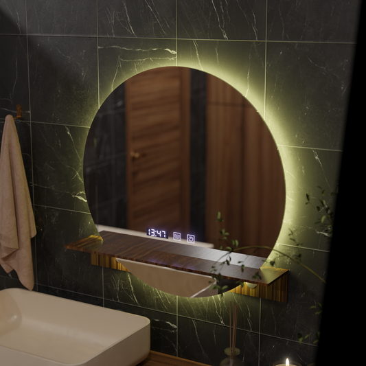 Lustro Alfred Touch LED z systemem przeciwmgielnym, zegarem i temperaturą 60x60 cm ze zintegrowaną podstawką