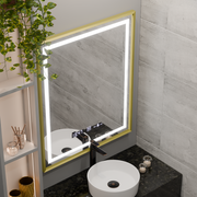 Prostokątne lustro LED, 75x90 cm, Verite Royale Gold MotionGlow Marcello, system przeciwmgielny, zegar i termometr, ściemnialne 