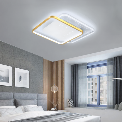 LED żyrandol z pilotem Gildra 110W, 2 kwadraty, zimno/gorące/neutralne światło, niestabilne, złote