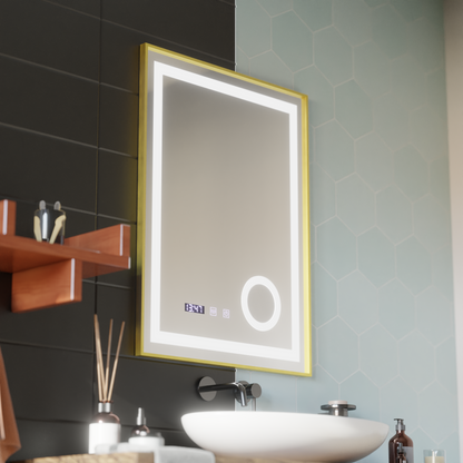 Lustro LED Stefan Touch z systemem przeciwmgielnym, zegarem i temperaturą 60x80 cm, szczotkowana złota rama, lupa kosmetyczna