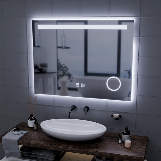 Prostokątne lustro LED, 80x60cm, dotyk fortepianowy, system odmgławiania, możliwość przyciemniania, zimne światło 6000K