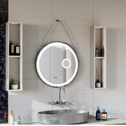 Okrągłe lustro LED, 60 cm, czujnik ruchu Micah Marcello MotionGlow, system przeciwmgielny, zegar i termometr, lupa kosmetyczna, ściemnialna 