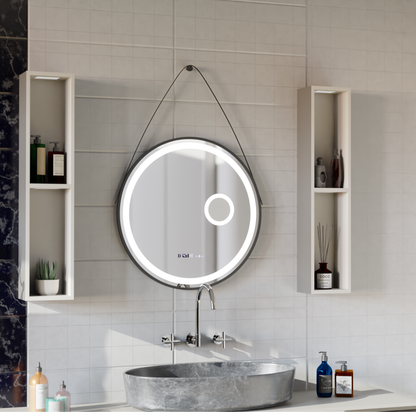 Okrągłe lustro LED, 60 cm, czujnik ruchu Micah Marcello MotionGlow, system przeciwmgielny, zegar i termometr, lupa kosmetyczna, ściemnialna 