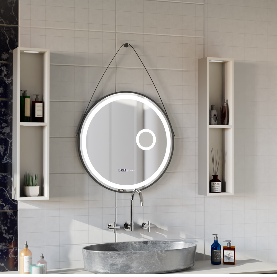 Okrągłe lustro LED, 60 cm, czujnik ruchu Micah Marcello MotionGlow, system przeciwmgielny, zegar i termometr, lupa kosmetyczna, ściemnialna 