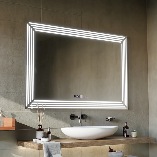 Prostokątne lustro LED, 110x65cm, czujnik Venezia MotionGlow Marcello, system odmgławiania, zegar i termometr, Dimabila