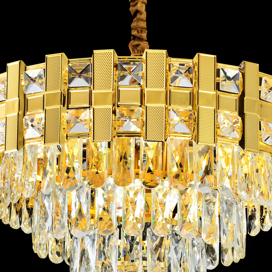 Żyrandol kryształowy BRAN Eleganza 8xE14, średnica 49 cm, błyszczące złoto, regulowana wysokość