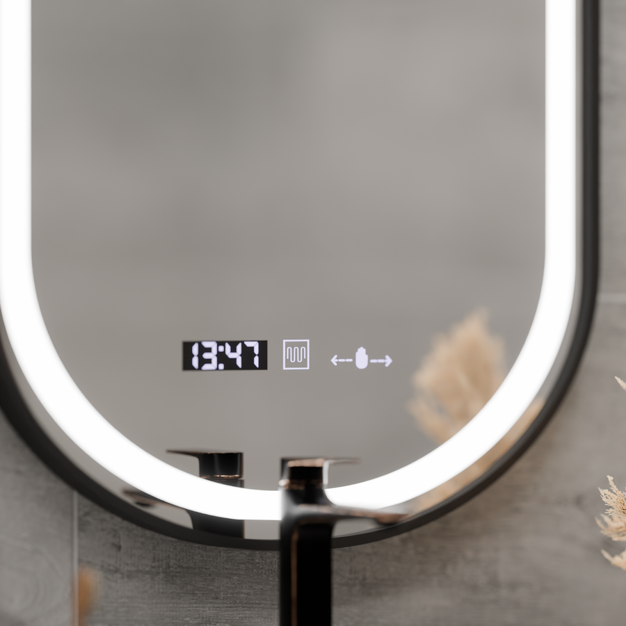 Lustro LED Helmut Sensor System odmgławiania, zegar i temperatura 50x90 cm Czarna ramka Szczotkowane Marcello Funghi