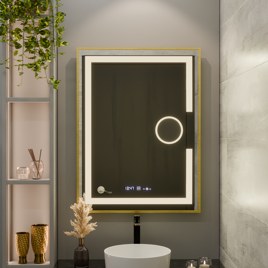 Prostokątne lusterko LED, 60x80 cm, Eclat Motionglow Marcello, System Defrition, zegar i termometr, kosmetyki