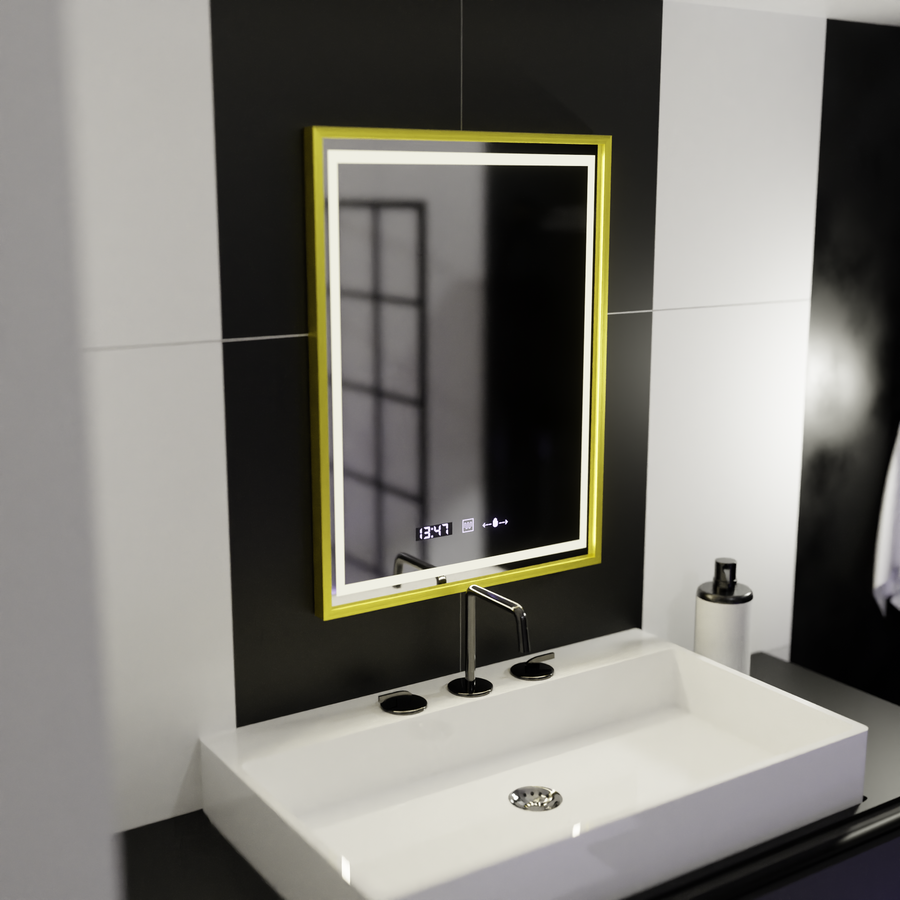 Prostokątne lustro LED 50x70cm Verite Royale Gold Motion Glow Marcello Defog System Zegar i termometr Ściemnialny 