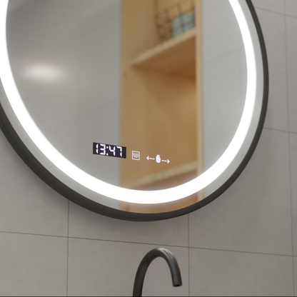 60 cm okrągłe lusterko LUD Majesté Noir Motionglow Marcello Dimable zegarowy system rozmrażania zegara