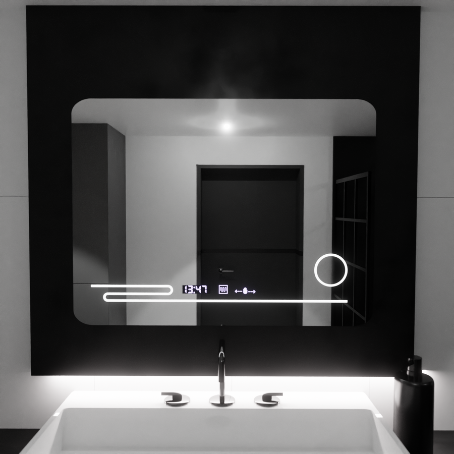 Prostokątne lustro LED 80x60cm Fortaleza MotionGlow Marcello Defog System Termometr i zegar Ściemnialna lupa kosmetyczna 