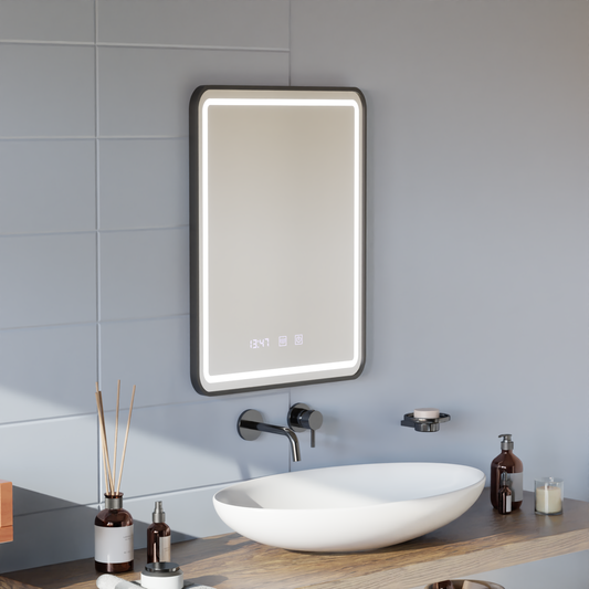Lustro LED Gerhard Touch z systemem przeciwmgielnym, zegarem i temperaturą 60x80 cm, szczotkowana czarna rama