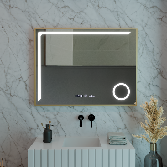 Lustro LED z czujnikiem ruchu MotionGlow Francesca 80x60 cm Ciepłe/Zimne/Neutralne światło Ściemnialny System przeciwmgielny Termometr Zegar Kolekcja Marcello Funghi