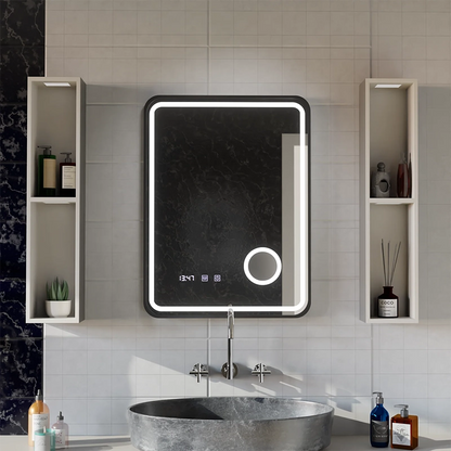 Ulrich LED Touch Mirror System odmgławiania, zegara i temperatury 75x90 cm Lupa kosmetyczna ze szczotkowaną czarną ramką