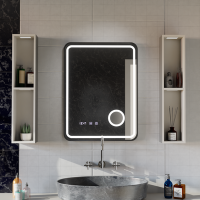 Ulrich Touch LED Mirror Defog System, zegar i temperatura 60x80 cm szczotkowana czarna rama lupa kosmetyczna