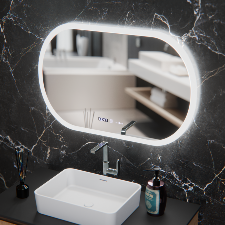 Owalne lusterko diody LED, 80x50 cm, Motionglow Marcello czujnik, system wyłączający, zegar