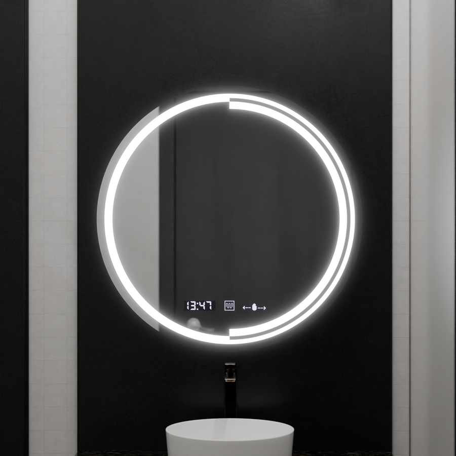 Okrągłe lustro LED 60 cm Czujnik ruchu Glow Consuel Marcello System przeciwmgielny Zegar i termometr Ściemnialny 