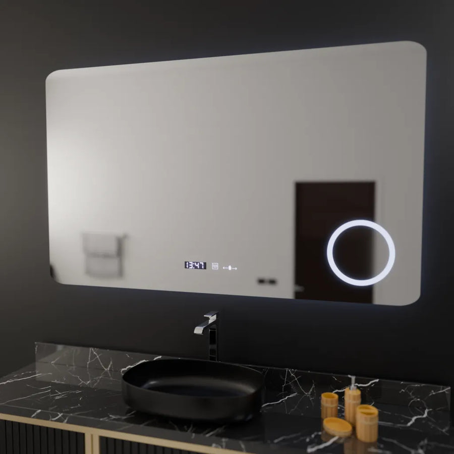 Prostokątne lustro LED, 100x60 cm, Celeste MotionGlow Marcello, system przeciwmgielny, zegar i termometr, lupa kosmetyczna, ściemnialna 