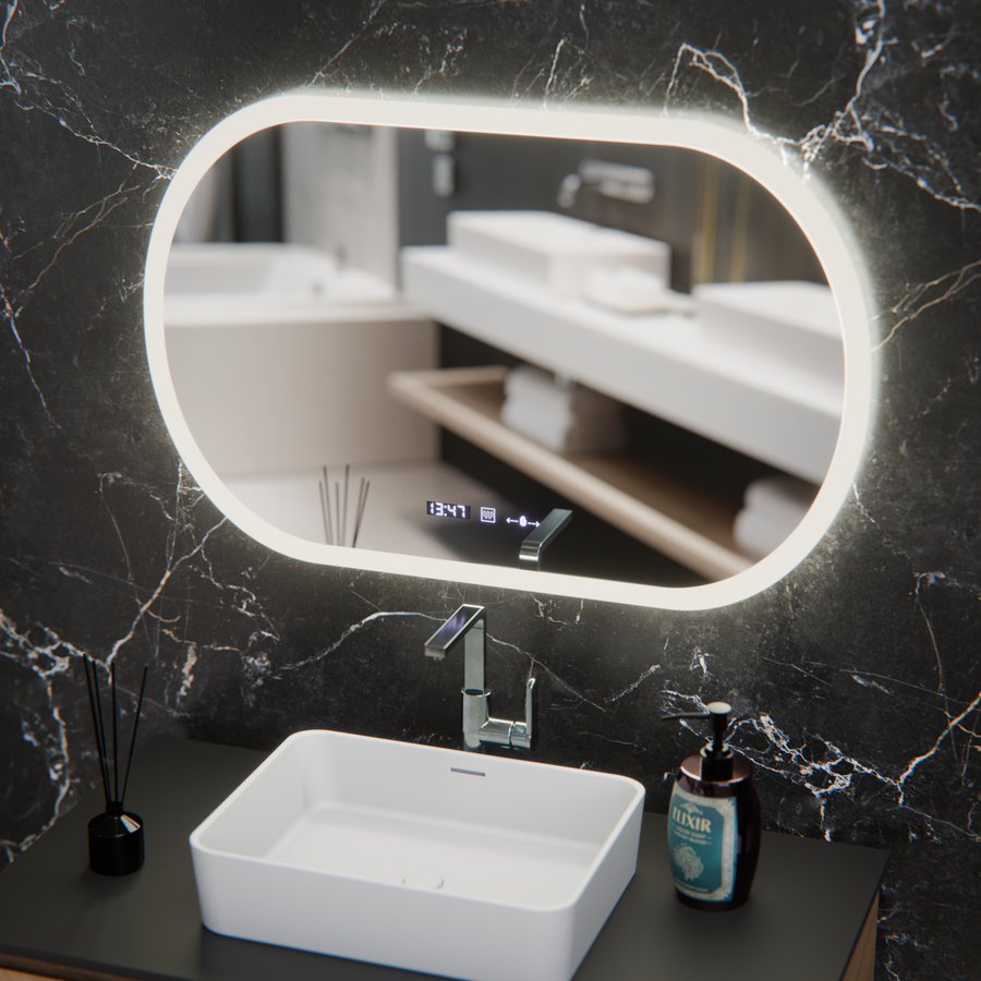 Owalne lusterko diody LED, 80x50 cm, Motionglow Marcello czujnik, system wyłączający, zegar