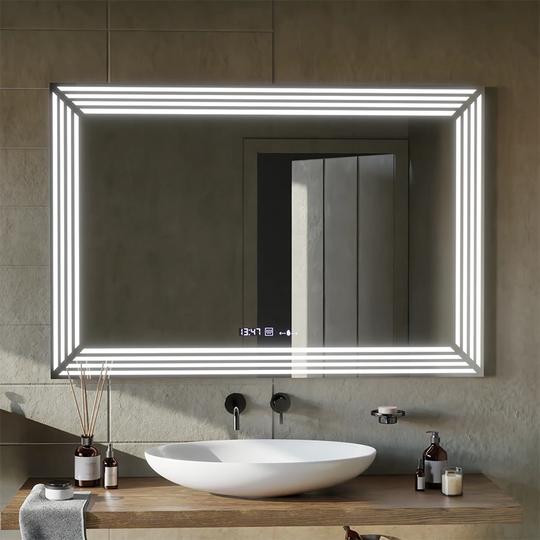 Prostokątne lustro LED, 120x80cm, Venezia Sensor MotionGlow Marcello, system odmgławiania, zegar i termometr, możliwość przyciemniania