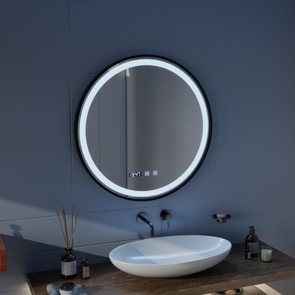 Lustro LED Hans Touch z systemem przeciwmgielnym, zegarem i temperaturą 60 cm, szczotkowana czarna rama