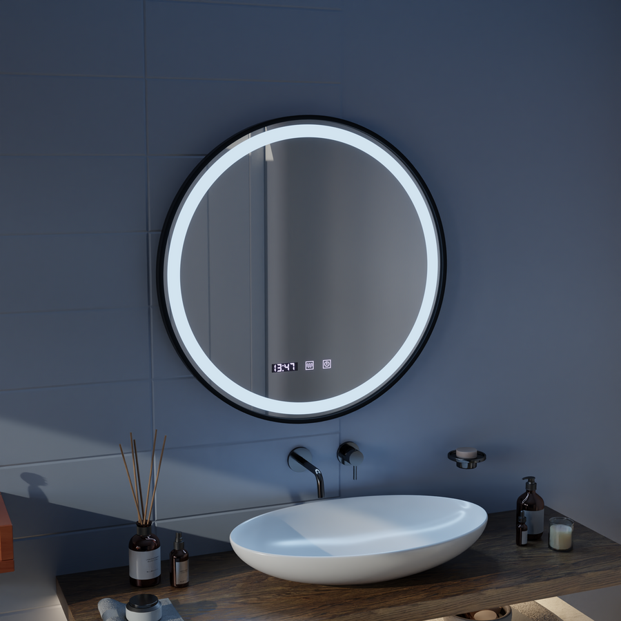 Lustro LED Hans Touch z systemem przeciwmgielnym, zegarem i temperaturą 60 cm, szczotkowana czarna rama