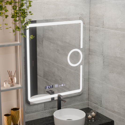 Lustro LED prostokątne 75x90cm Eclat MotionGlow Marcello System przeciwmgielny Zegar i termometr Ściemnialna lupa kosmetyczna