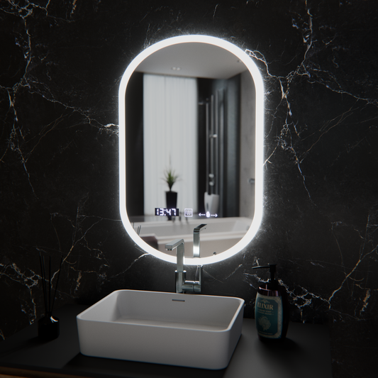 Owalne LED lusterka, 50x80 cm, czujnik Lucia Marcello, system rozmrażania, zegar i termometr, Dokryty