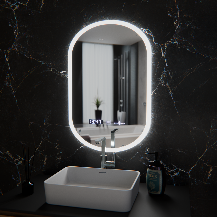 Owalne LED lusterka, 50x80 cm, czujnik Lucia Marcello, system rozmrażania, zegar i termometr, Dokryty