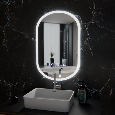 Owalne LED lusterka, 50x80 cm, czujnik Lucia Marcello, system rozmrażania, zegar i termometr, Dokryty