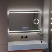 Prostokątne lusterko LED, 100x60 cm, definicja Motionglow Marcello, system rozmrażania, zegar i termometr, kosmetyka Lupa, Dokrywa
