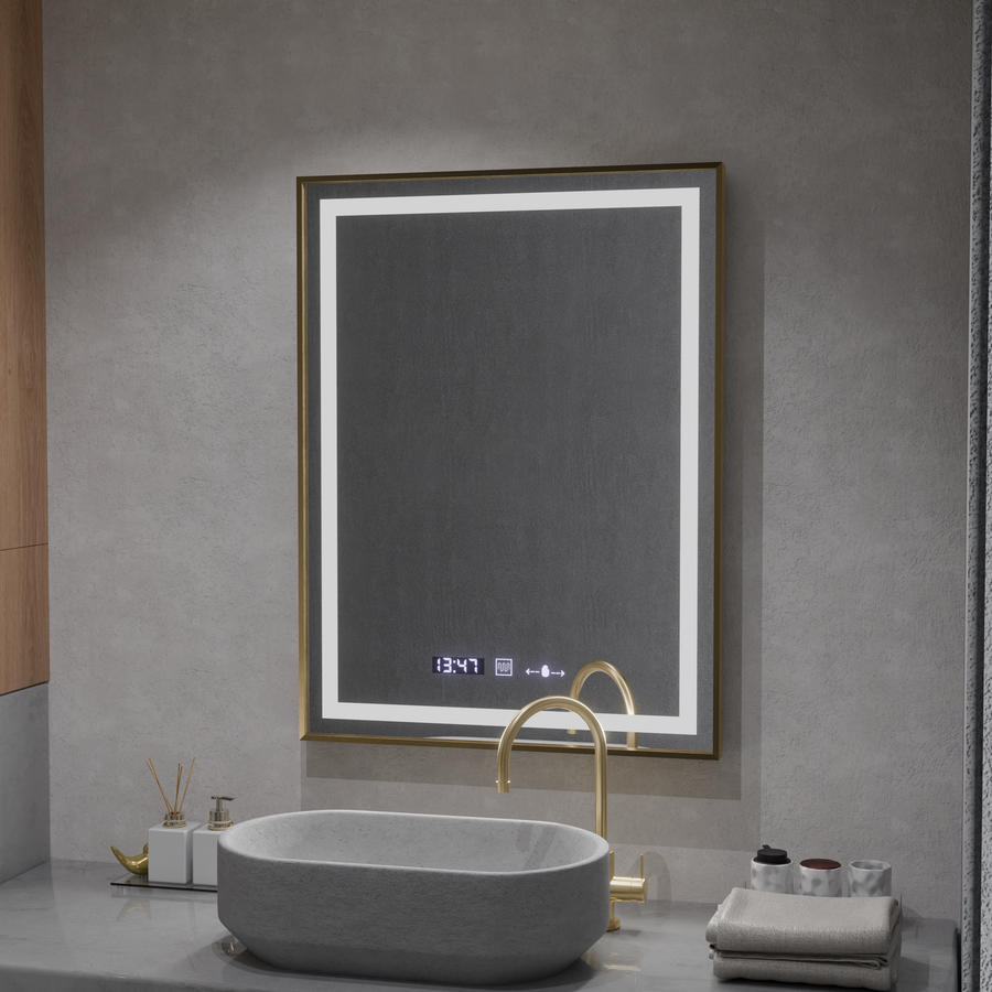 Prostokątne lustro LED, 60x80 cm, Verite Royale Gold MotionGlow Marcello, system przeciwmgielny, zegar i termometr, ściemnialne