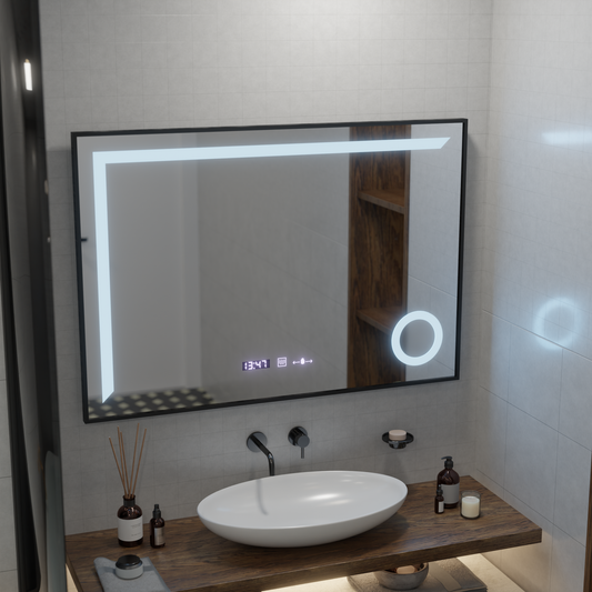 Lustro z czujnikiem ruchu LED Sofia z funkcją odmgławiania, termometr, zegar, 110x65 cm, ściemnialne, ciepłe/zimne/neutralne światło, szczotkowana rama w kolorze różowego złota, kolekcja Marcello Funghi