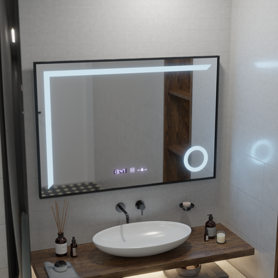 Lustro z czujnikiem ruchu LED Sofia z funkcją odmgławiania, termometr, zegar, 110x65 cm, ściemnialne, ciepłe/zimne/neutralne światło, szczotkowana rama w kolorze różowego złota, kolekcja Marcello Funghi