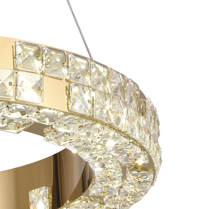 Żyrandol LED z pilotem, LLC135/2GD, kryształ i metal, 80W, 2 koła, możliwość przyciemniania, regulacja wysokości, światło zimne/ciepłe/neutralne 3000K/4000K/6000K, luksusowe oświetlenie