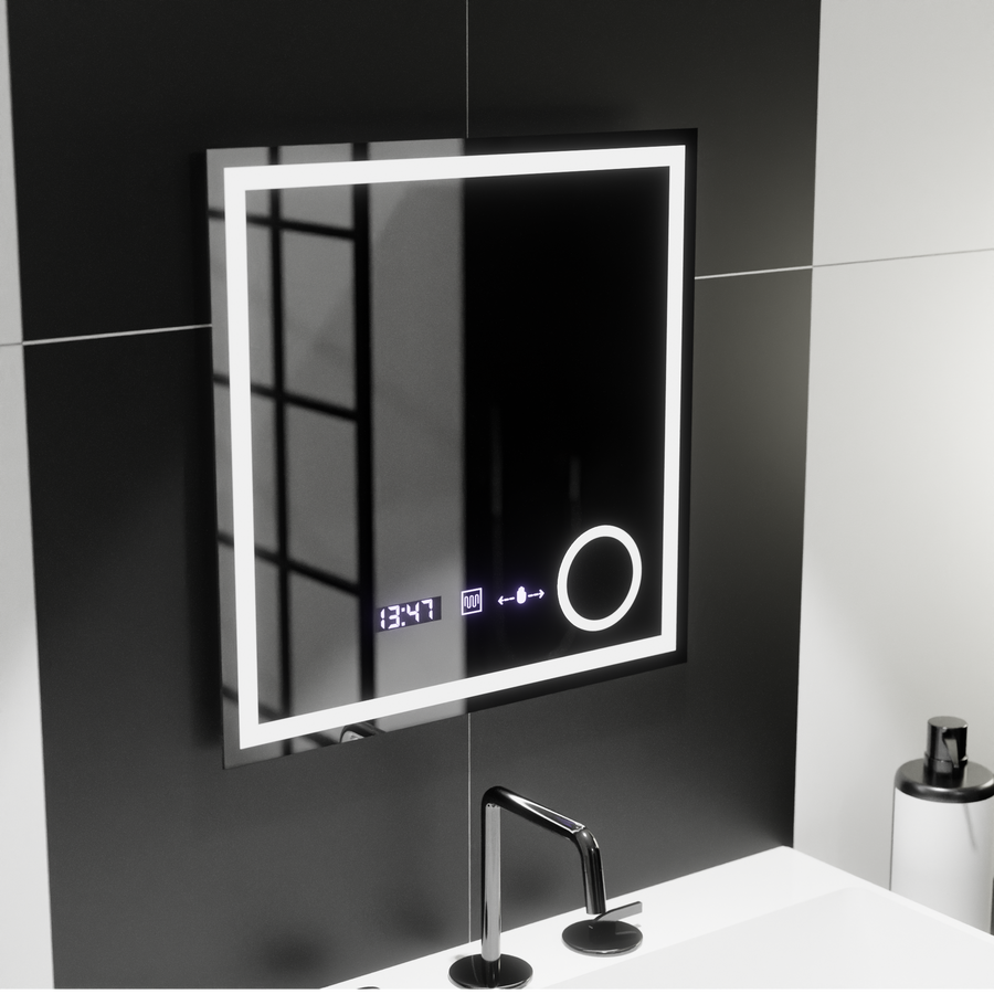 Lustro LED prostokątne 60x60cm Souverain MotionGlow Marcello System przeciwmgielny Zegar i termometr Ściemnialna lupa kosmetyczna 